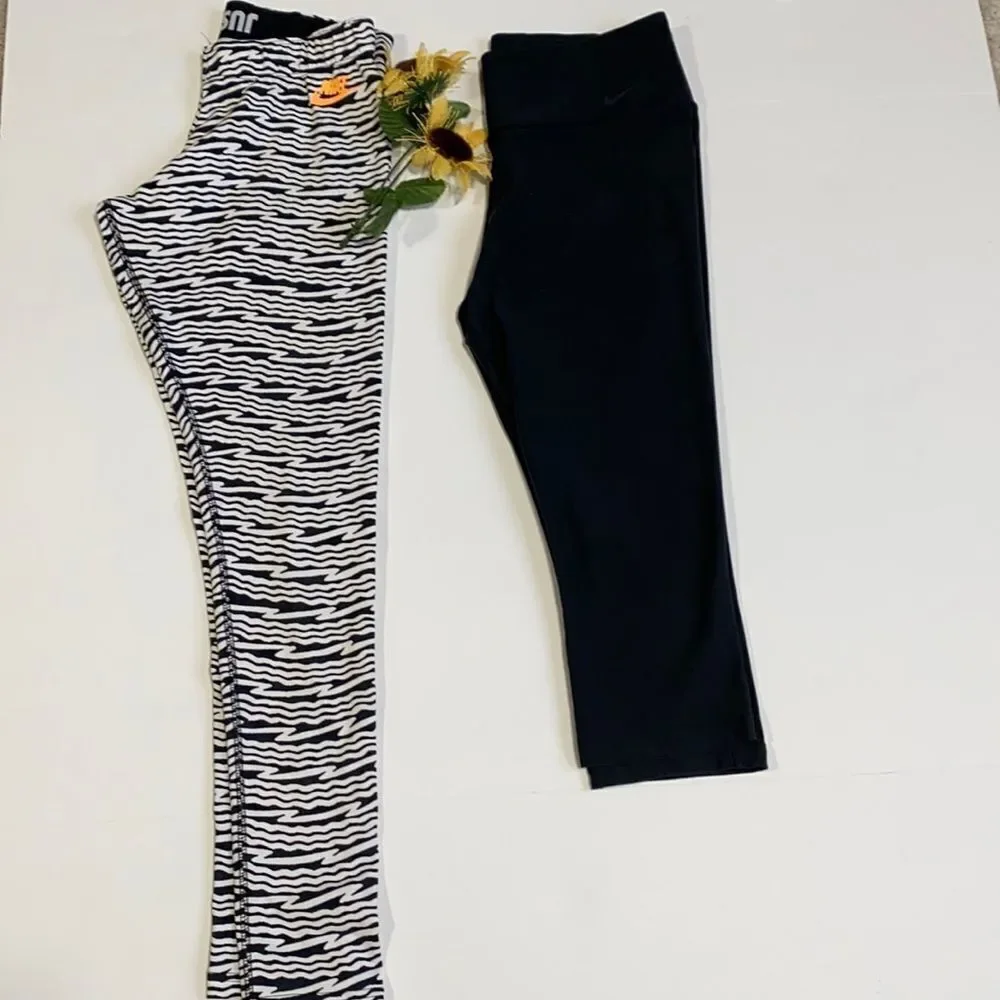 Bundle Of 2 Nike Leggings 7/8 & Ankle Length Black Solid & Zebra Animal‎ Print M